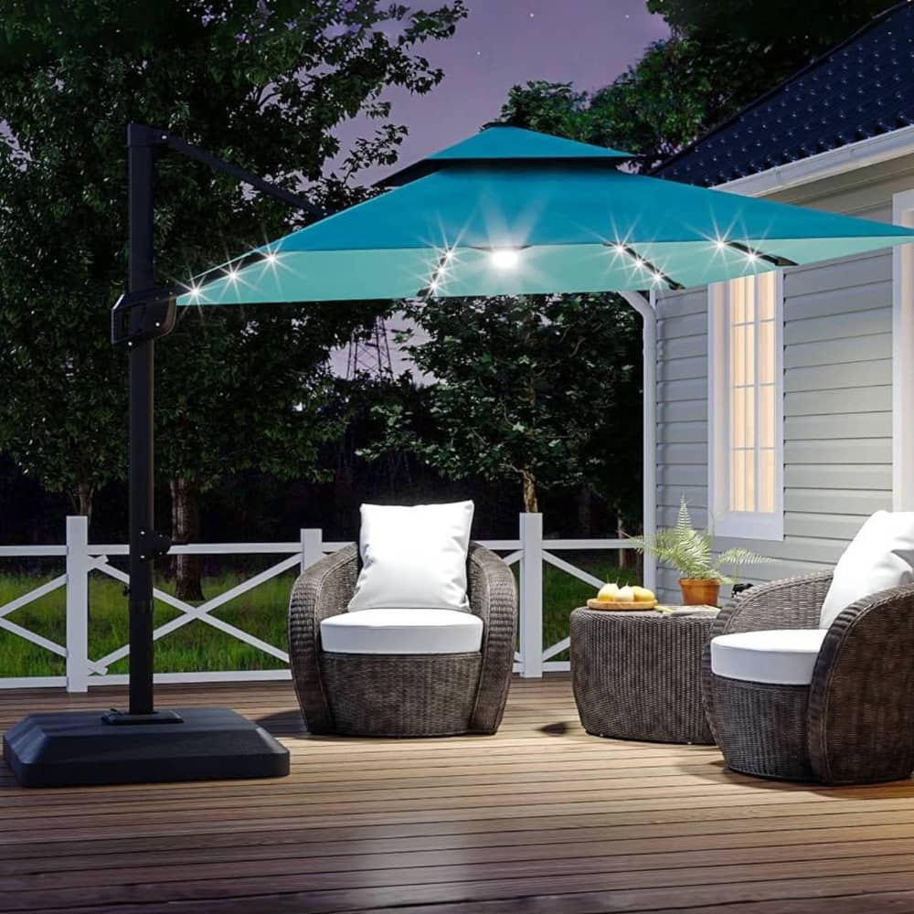 10' x 10' Cantilever Patio Umbrella with LED Lights & Weighted Base for Backyard, Deck, Pool