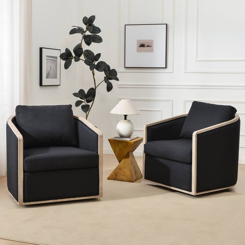 KINWELL 31"W Oak Frame Upholstered Swivel Barrel Armchair