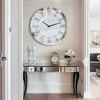 Round Wall Clock Mirror Crystal Diamond Twinkle Living Room Decor