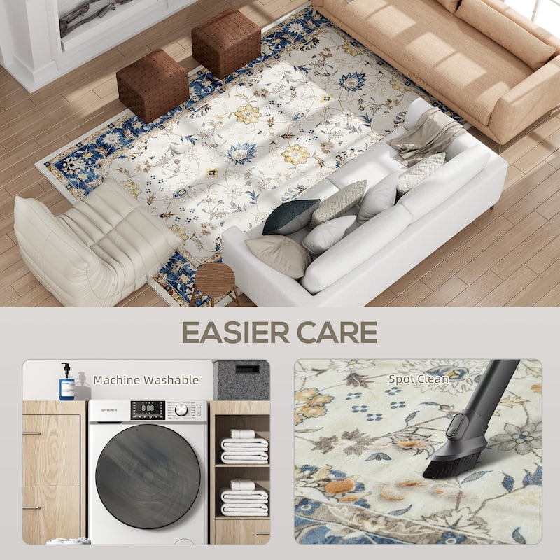 HOMCOM Area Rug 8x10, Machine Washable Rug, Non-Slip Boho Floral Print Floor Cover Foldable Carpet for Living Room