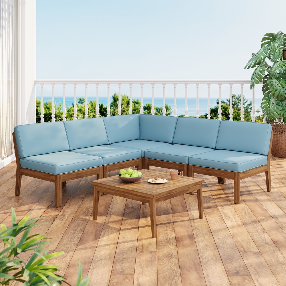 Christopher Knight Home - Xanthe Acacia Wood Patio 6 Piece Sectional Sofa Set with Water Resistant Cushion
