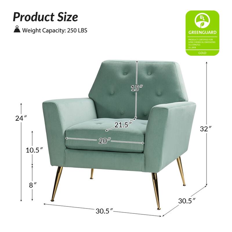 Lilia Contemporary Velvet Upholstered Tufted Back Armchair with Metal Golden legs Set of 2 by HULALA HOME