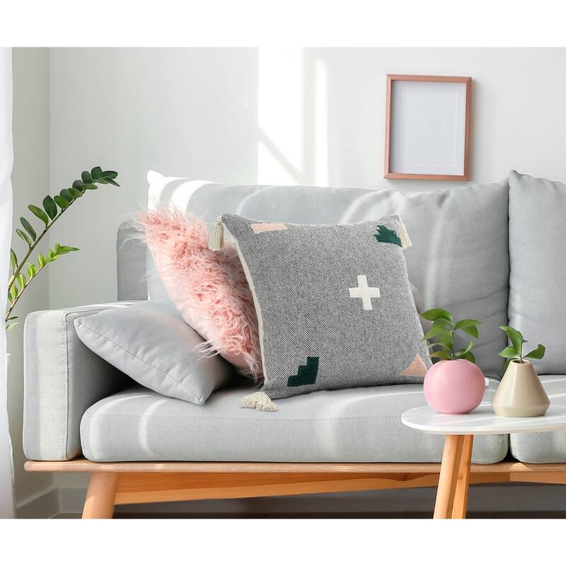 HomeRoots 20" X 20" Black Off-White Pink And Green 100% Cotton Geometric Zippered Pillow