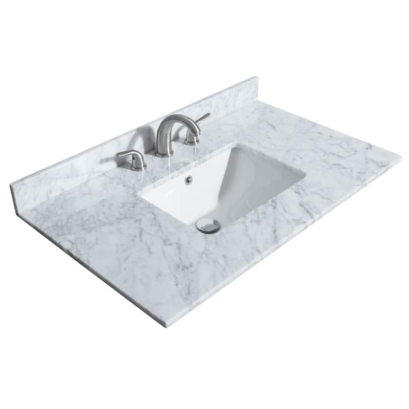 Miranda Single Vanity Set, White Carrara Marble Top, 34-Inch Mirror