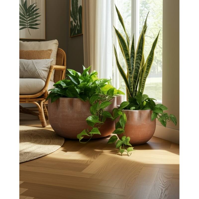 Terracotta Planters Handcrafted Decorative Sculpted Design (Set of 2) - Brown - 14" x 13.75" x 6.75"