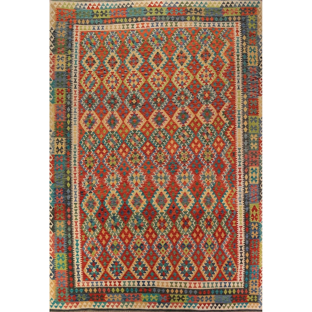 Kilim Oriental Area Rug Hand-Woven Multi-Color Wool Carpet - 9'10"x 13'0"