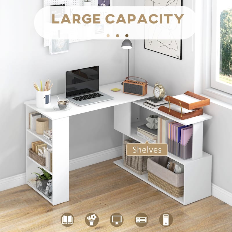 HOMCOM 360° Rotating L-Shaped Corner Desk: White, with Storage Shelves
