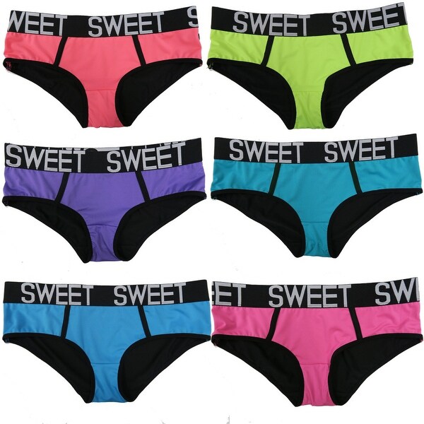 Women 6 Pack Neon Color "Sweet" Band Matching Sports Bikini Panties