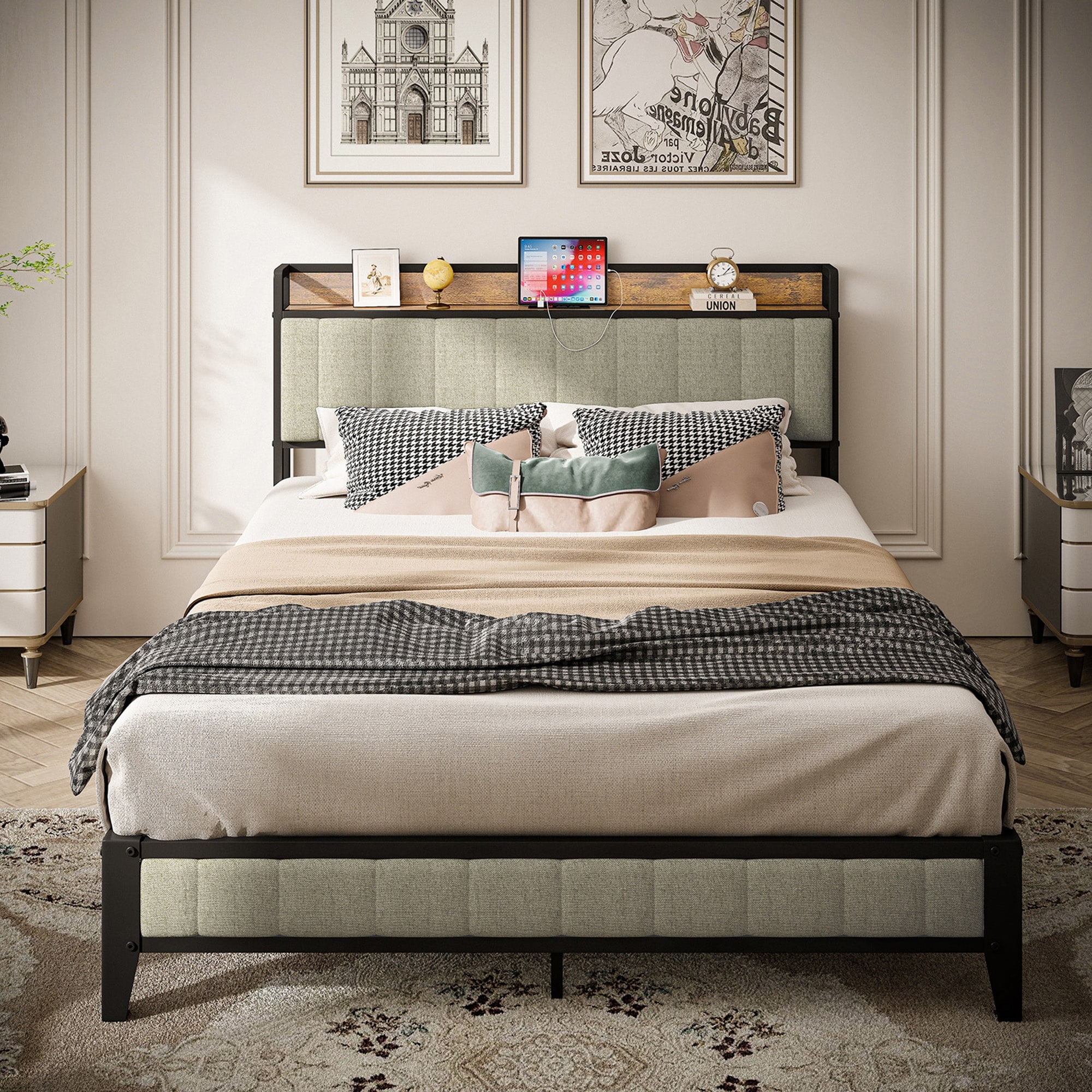 Full Size Metal Platform Bed Frame with Charging Station, Upholstered Headboard, Grey