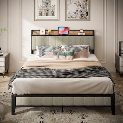 Light Gray Queen Size American Metal Platform Bed with Charging Station & Upholstered Headboard