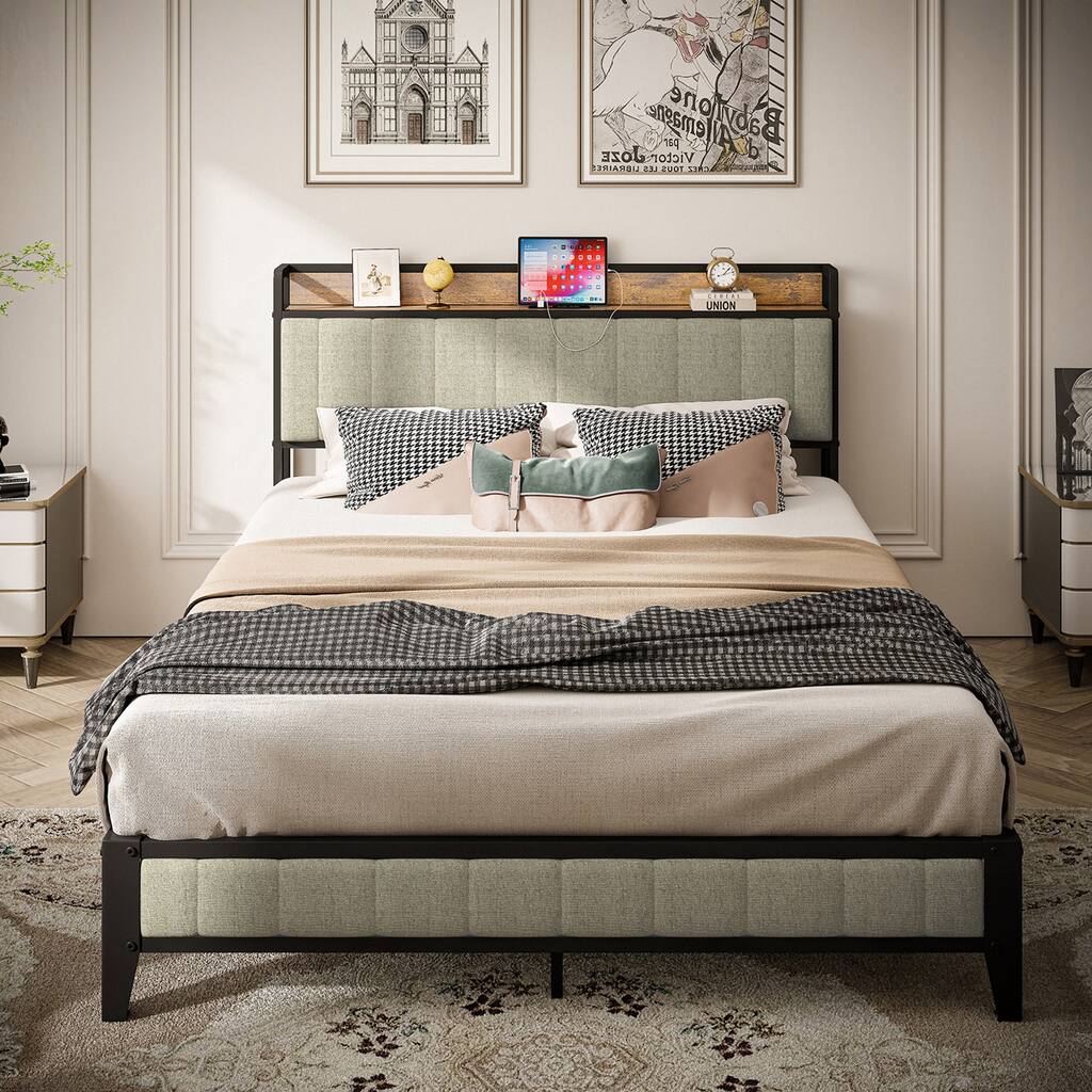 Queen Size Metal Platform Bed with Charging Station and Upholstered Headboard