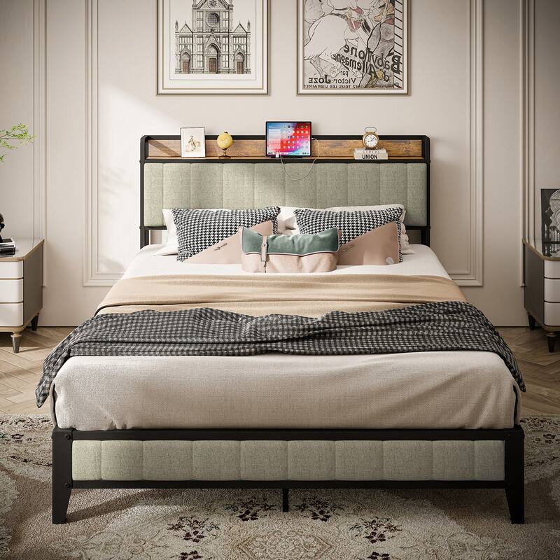 Queen and Full Size Bed Frame with Charging Station, Upholstered Headboard and Metal Platform, Bedroom Furniture