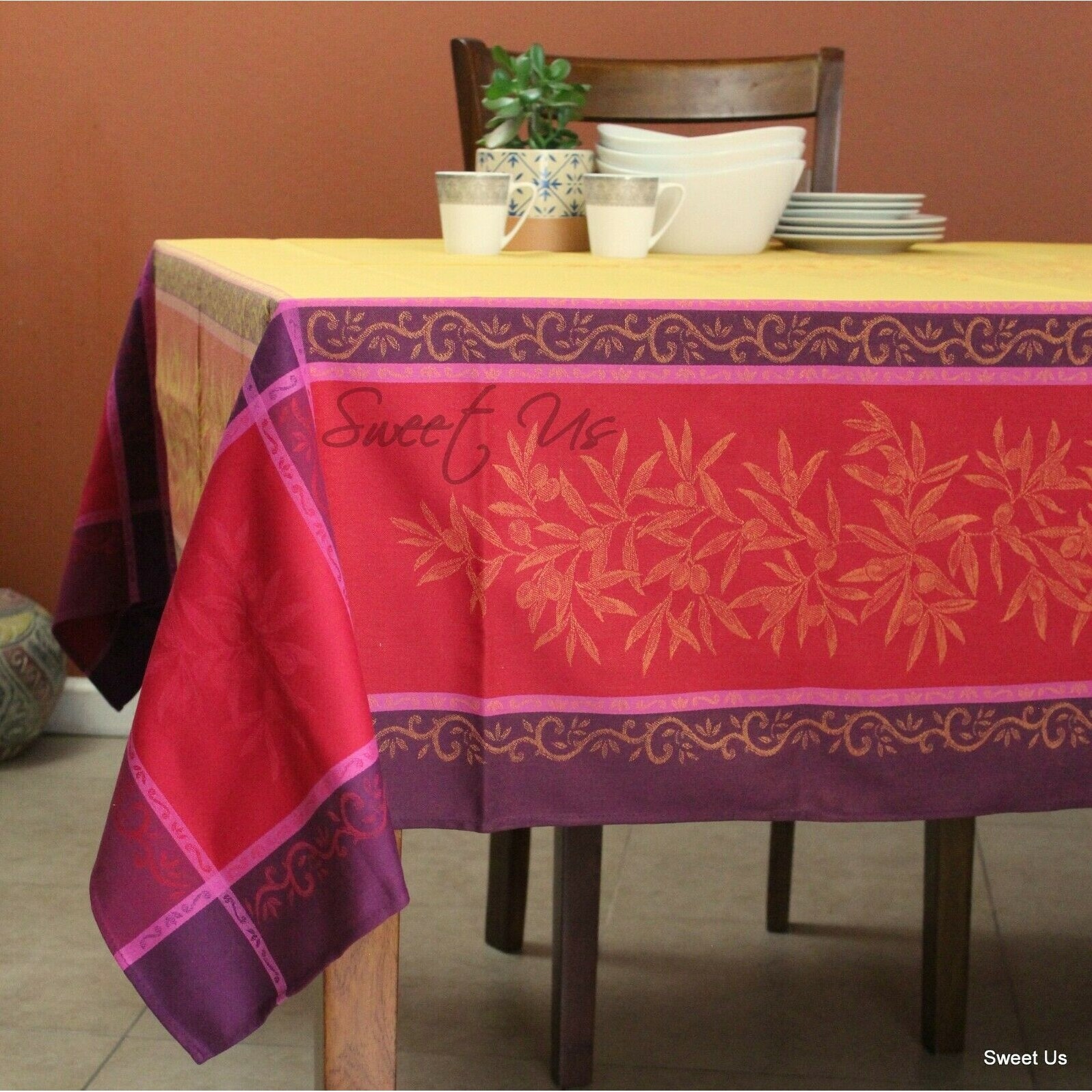 show original title Details about   Table Runner Jacquard Cotton Yellow Red 50x150 cm Olive France TEFLON PROTECTOR 