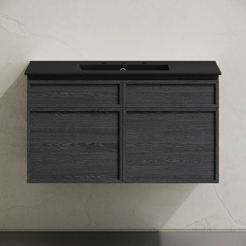 St. Tropez 36" Wall-Mounted Bathroom Vanity In Black Oak With Black 3-Hole Widespread Sink Top - 36