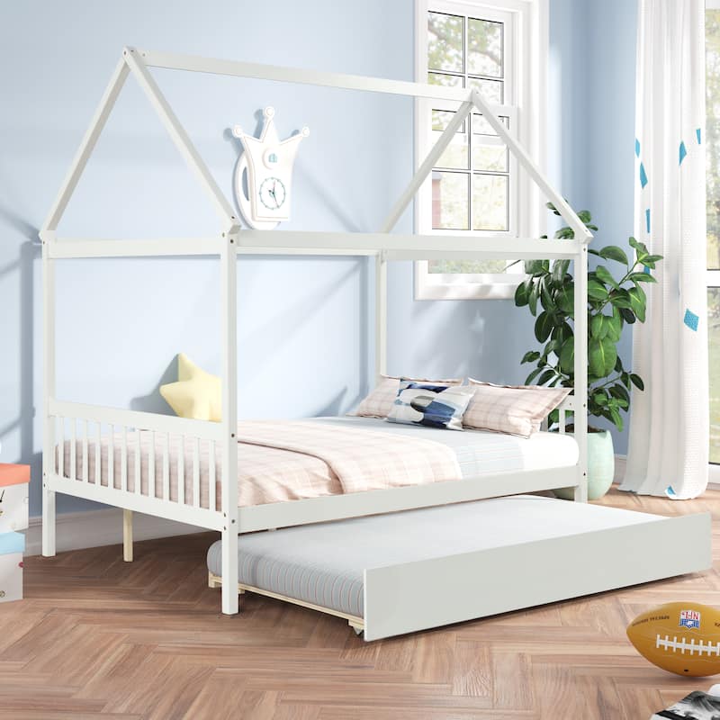 Full Size Wood House Bed with Trundle, Roof and Fence for Kids, Boys and Girls