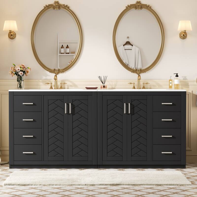 Roomfitters 72 Inch Bathroom Vanity with Ceramic Sink, Solid Wood Frame Cabinet with Sliding Tiers & Soft Close Doors - Black