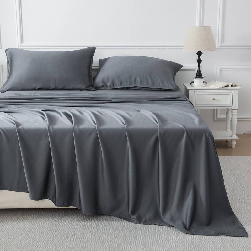Luxury 100% Rayon from Bamboo 300 Thread Count Deep Pocket Sheet Set, Soft, Silky, All-Season Comfort - Dark Grey - Twin