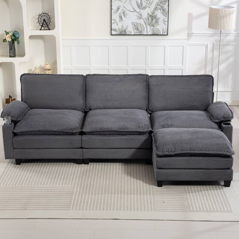 L-Shaped Modular Sectional Sofa with Ottoman, Oversized Corduroy Upholstered Cloud Couch with Cup Holders & Side Pockets