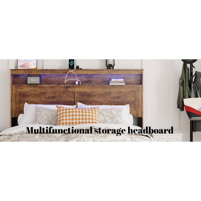 Roomfitters Bed Frame with Wood Platform, Storage Headboard, Charging Station, Light Bar Headboard, Dark Brown