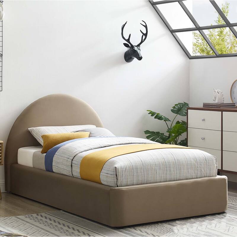Palmetto Modern Round Headboard Taupe Velvet Upholstered Twin Size Platform Bed