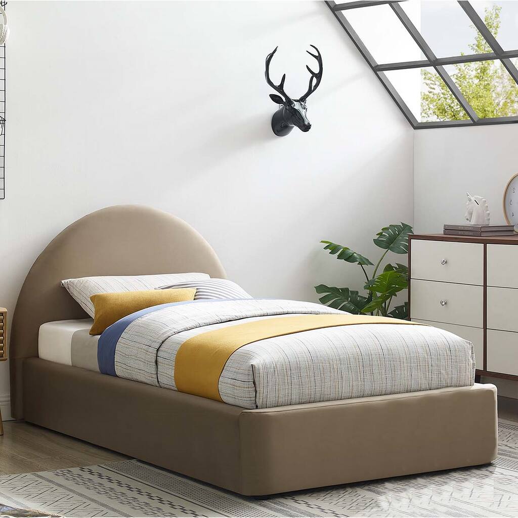 Palmetto Modern Round Headboard Taupe Velvet Upholstered Twin Size Platform Bed