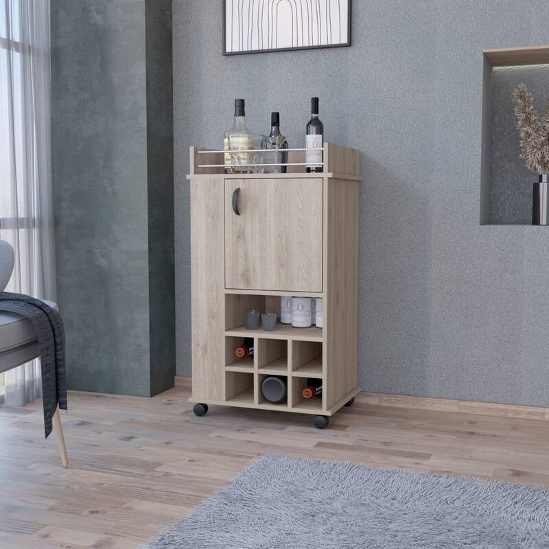 Elegant Bar Cart with 7 Wine Cubbies and Single Door Sideboard