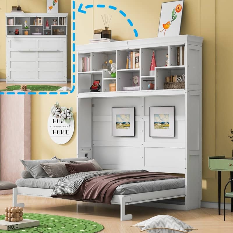 Queen Size Murphy Bed Wall Bed with Top Storage Shelves, Luxurious Foldable Storage Bed Frame with Charging Station