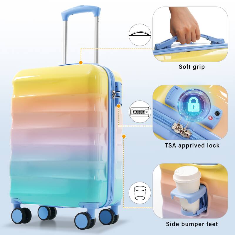 20" Carry-on Luggage with Cup Holder, Lightweight Glossy Hardshell Suitcases with Spinner Wheels and TSA Lock, for Travel