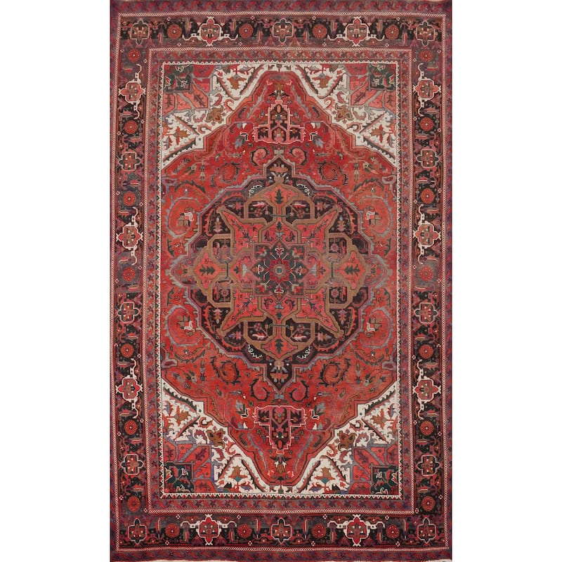 Hand Knotted Oriental 100% Wool Carpet Traditional Floral Red Heriz Area Rug - 10' 11'' X 7' 6''