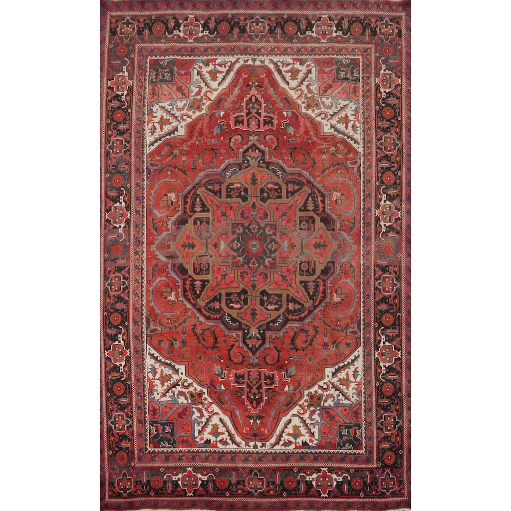 Hand Knotted Oriental 100% Wool Carpet Traditional Floral Red Heriz Area Rug - 10' 11'' X 7' 6''