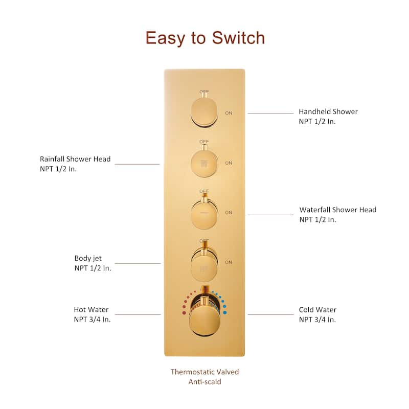 Luxury 4-Spray Patterns 23 in. Ceiling Mount Shower System with Handheld Shower Head, 6 Body Jets, LED, and Music - 15" x 23"