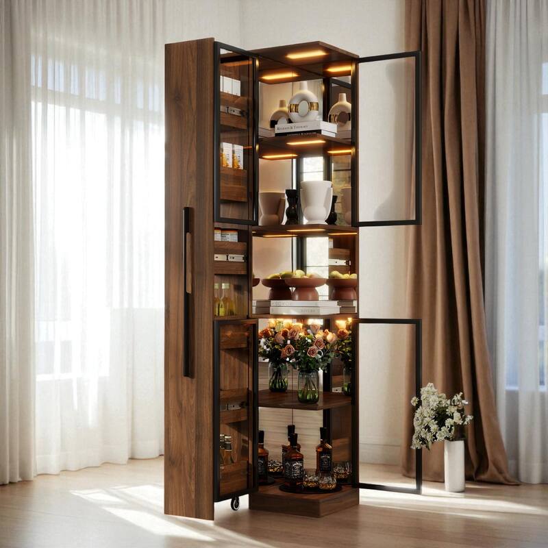 70" Modern Display Cabinet with Glass Doors, LED Lights, and Pull-Out Multi-Tier Storage Shelves