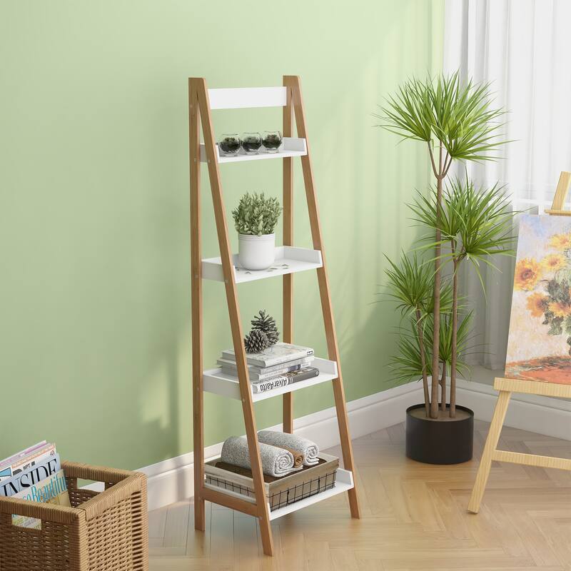 4-Tier Solid bamboo Wood "A" Frame Ladder Display Bookshelf