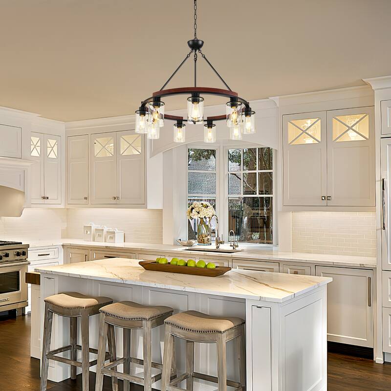 9 - Light Wagon Wheel Dimmable Chandelier with Wood Accents - Matte Black
