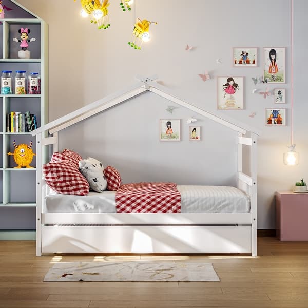 slide 2 of 44, Space-Saving Full Size House Bed with Twin Trundle - Functional Design White