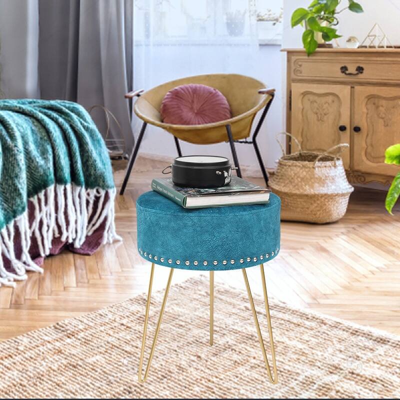Adeco Round Footstool Ottoman Velvet Dressing Stool Gold Metal Legs - Light Blue