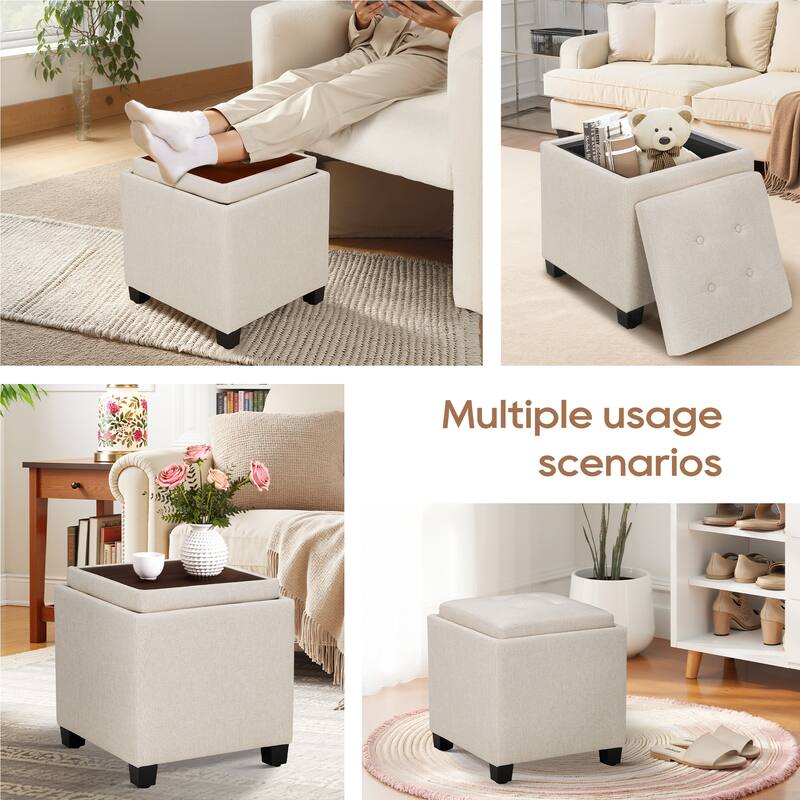 ​18" Square Storage Ottoman with Tray - 250LBS Weight Capacity, Leather Upholstered Footstool for Living Room