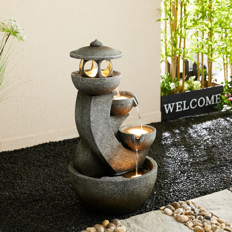 Glitzhome 32"H 4-Tiered Zen Pagoda Polyresin LED Lighted Outdoor Floor Water Fountain