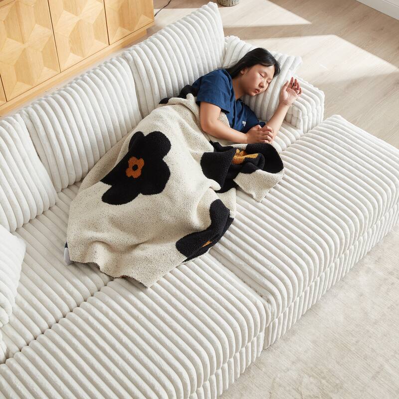 84" Corduroy 3-Seater Sofa with Storage, Ottoman and Cup Holders, Includes 5 Pillows