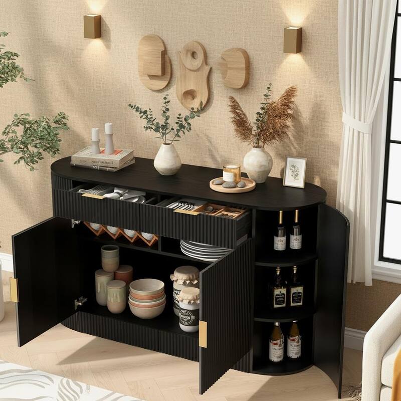 Modern Ribbed Storage Cabinet with Magic-Tape Curved Doors & Tiered Side Shelving by Harper&Bright Designs - Black