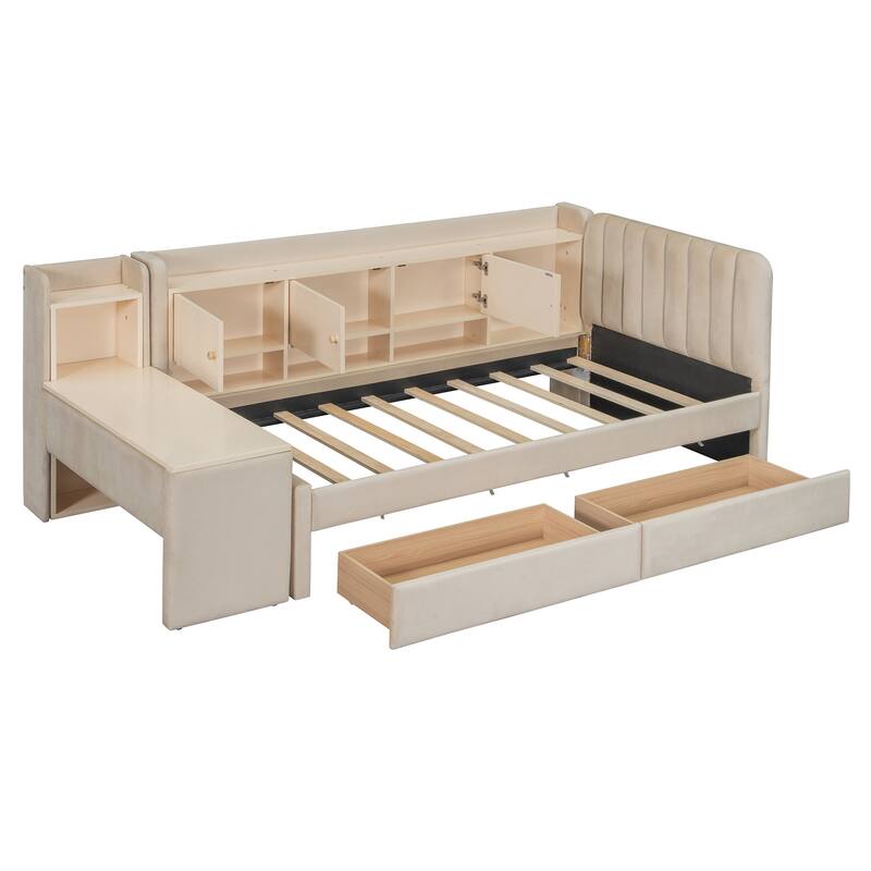 Twin Size Upholstered Daybed with Flip Cabinets and 2 Drawers