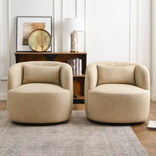 KINWELL Textured Linen Blend Weave Upholstered Swivel Barrel Accent Chair Ottoman Footrest