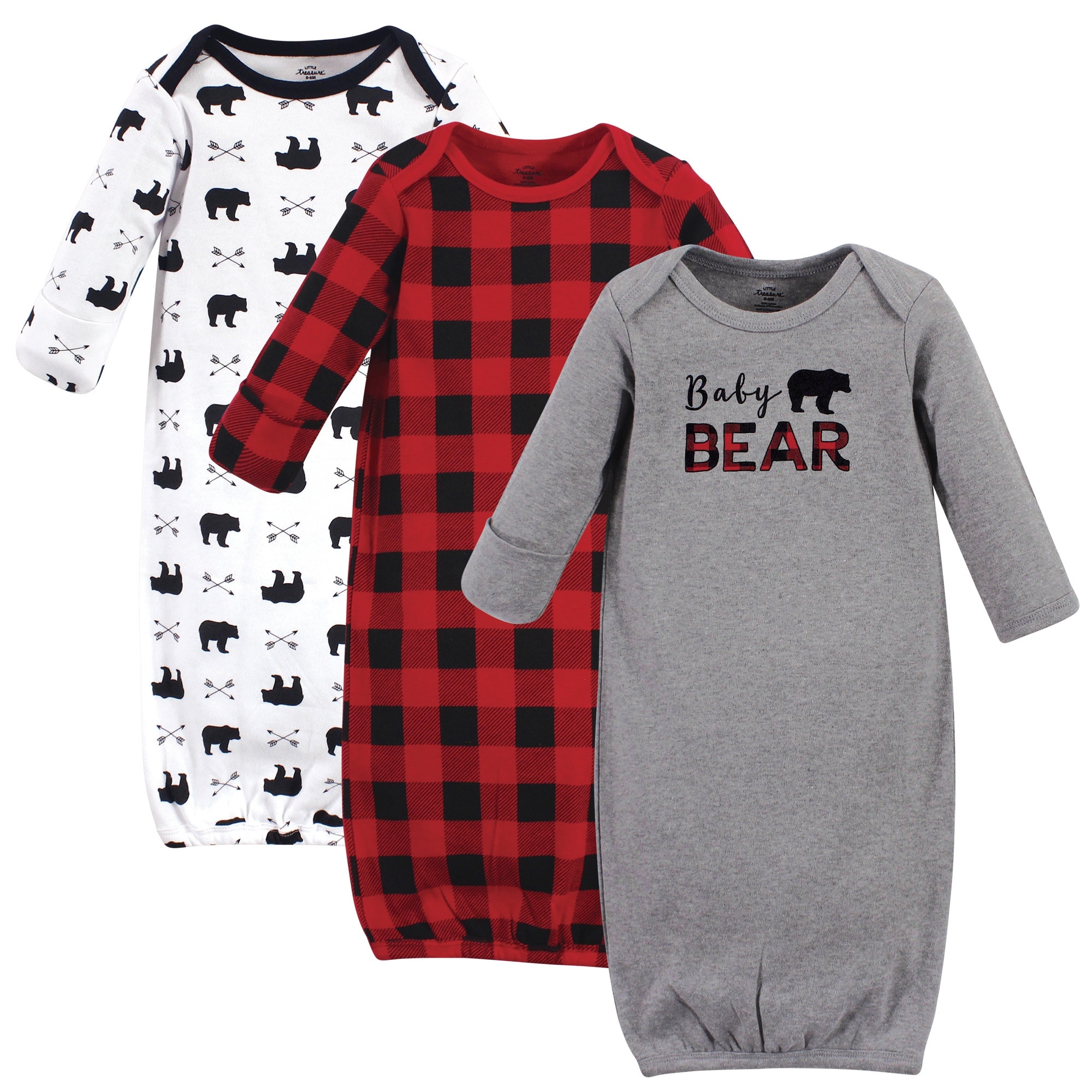 Little Treasure Baby Boy Cotton Long-Sleeve Gowns 3pk, Baby Bear