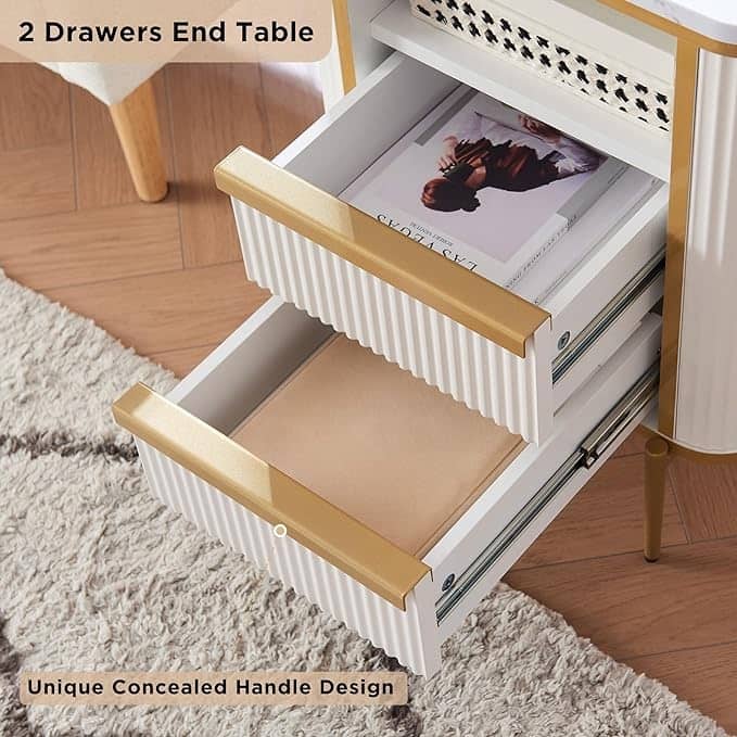 Modern Luxury Fluted Nightstand with faux marble tabletops, End Table