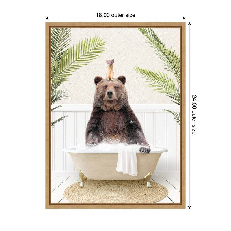 Kate and Laurel Sylvie Bear and Weasel in Palms Bathtub Framed Canvas by Amy Peterson
