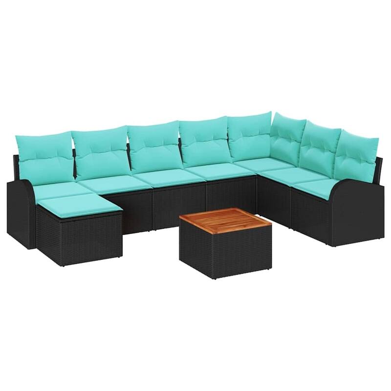 vidaXL 9 Piece Garden Sofa Set with Cushions Black Poly Rattan Acacia - 113.8×70.5×27.2