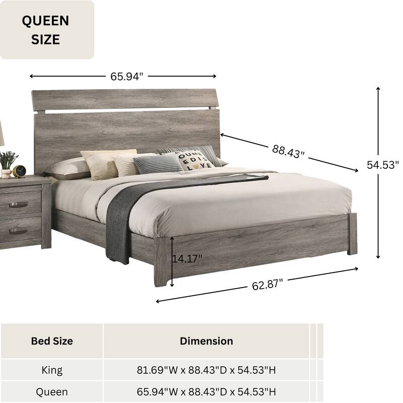 Roundhill Furniture Floren Contemporary Weathered Gray Wood Bedroom Set, Panel Bed, Dresser, Mirror, Nightstand, Chest
