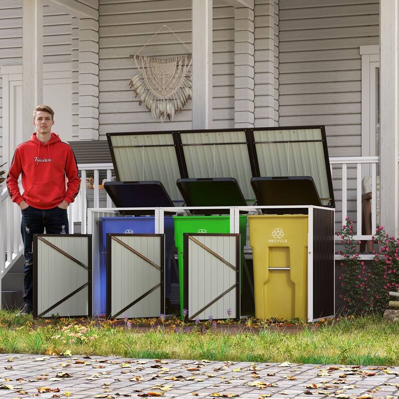 120 Cu. Ft. Outdoor 3-Trash-Can Storage Shed, Pneumatic Support Rod Storage - N/A