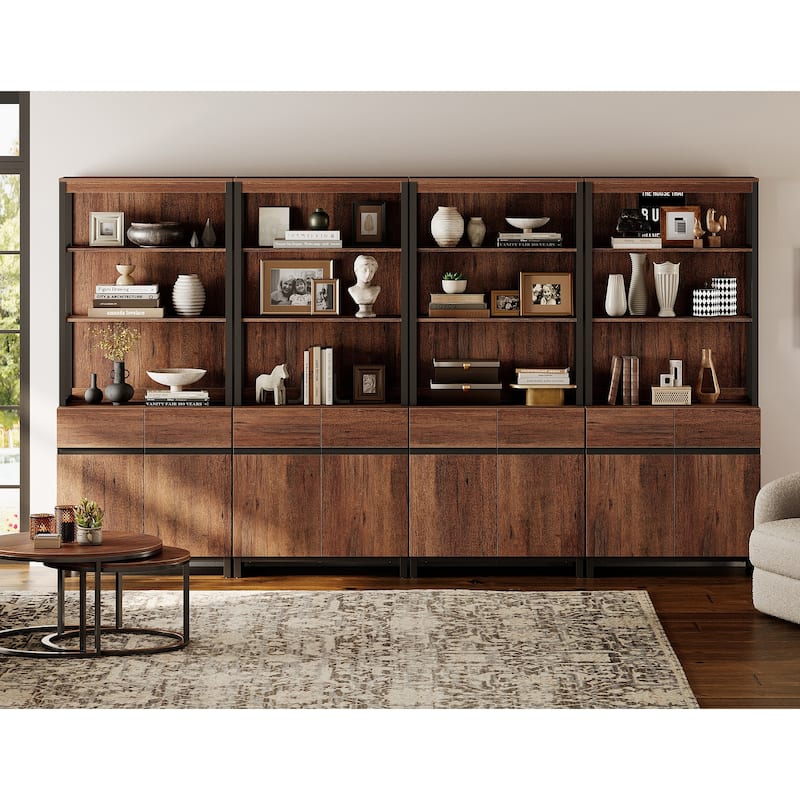 WAMPAT Modern 72" Tall Bookcase with Metal Base and Adjustable Shelves, Library Book Shelf with Storage Cabinet - Brown - 4 Piece