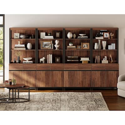 WAMPAT Modern TV Stand with 3 Tiers Bookshelf, Farmhouse Entertainment Center with 4 Large Storage Cabinets and Adjustable Shelf